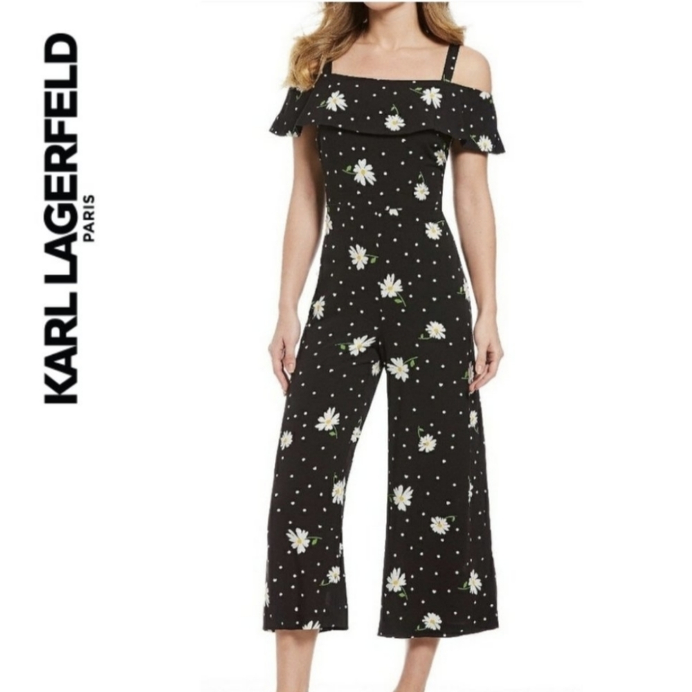 Karl Lagerfeld NWT daisy/polka dot print cold shoulder cropped jumpsuit size 8